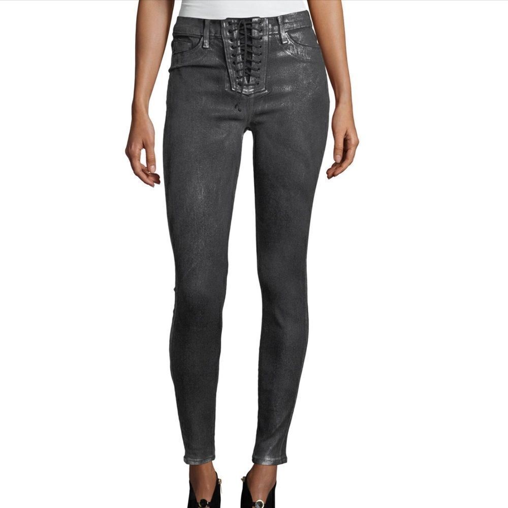 Hudson High Rise Jeans Black Bullock Coated Lace Up Skinny Jeans Size 25